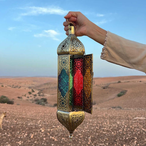 Large Moroccan Hanging Lantern – Brass & Colorful Glass (CL 1002)